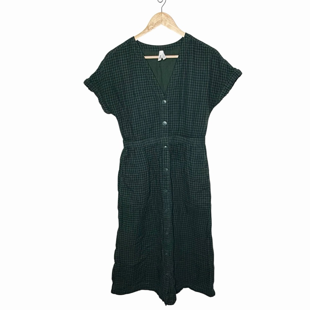 Pact Gingham Midi Dress Green Womens Small Granola Organic Cotton Short Sleeve